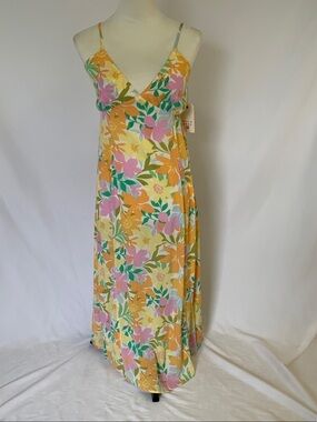 Billabong Yellow Floral V-Neck Maxi Dress with Pink & Orange Blooms